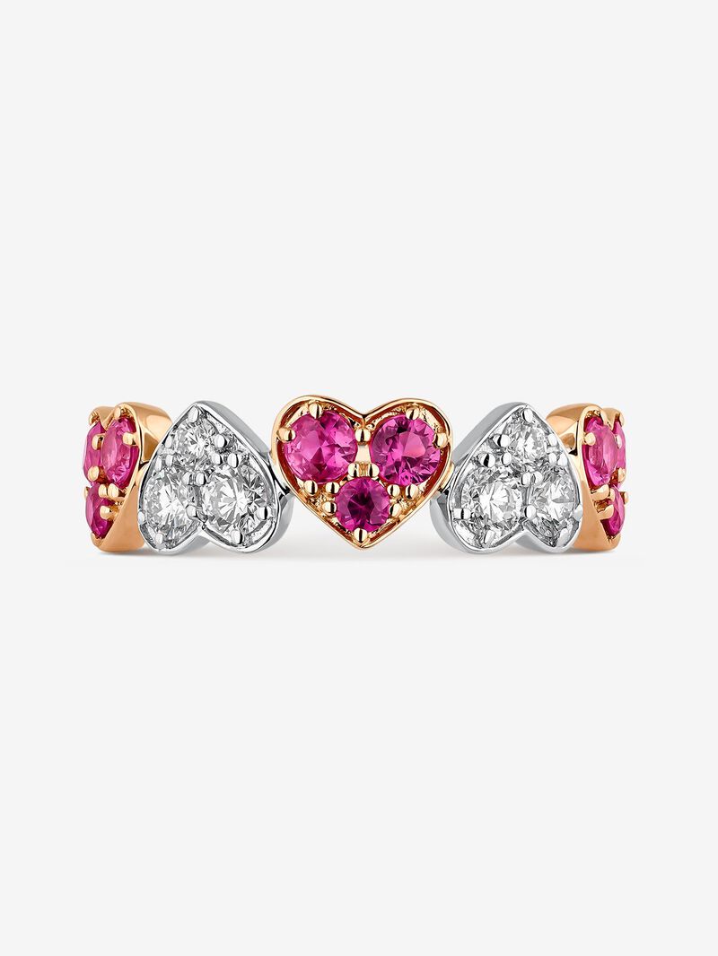 Rose gold and 18kt white gold hearts ring with pink sapphires and diamonds خاتم من الذهب الوردي عيار 18 مع الياقوت مرصع بالألماس 0,34 قيراط